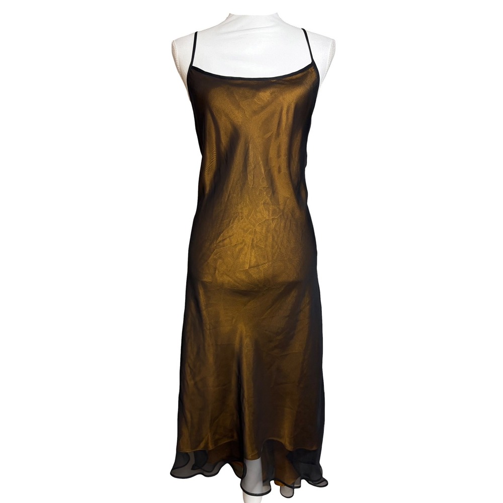 Victoria's Secret 90s Slip Dress L Black Gold Mesh Whimsigoth Maxi Vintage